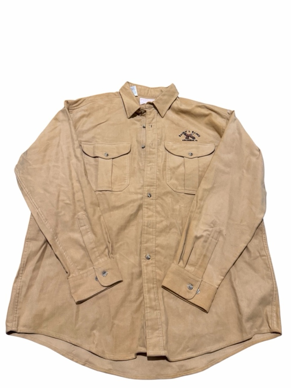 CC Filson tan workshirt with chest label detail, raisin L ranch SZ XL, pre-owned